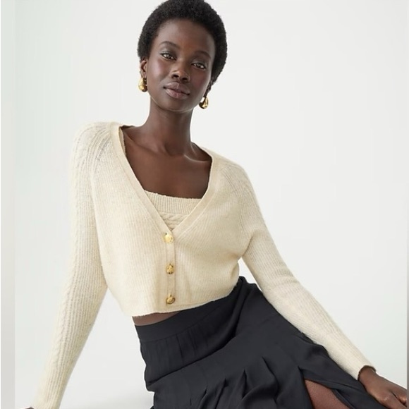 J. Crew Ivory Supersoft Cropped Cable Knit Merino Wool Cardigan Size Medium